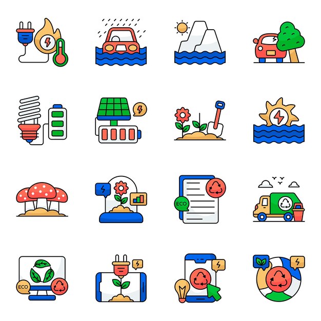 Conjunto de iconos planos ecológicos y naturales