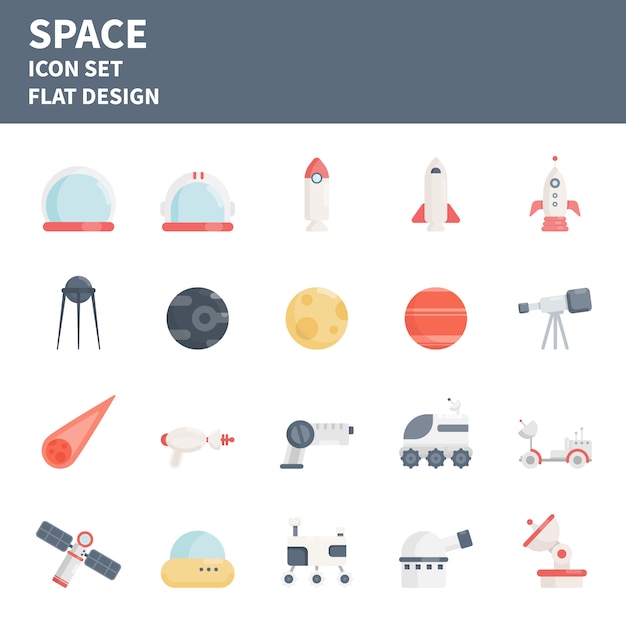 Conjunto de iconos planos de elemento espacial. vector de iconos de espacio.