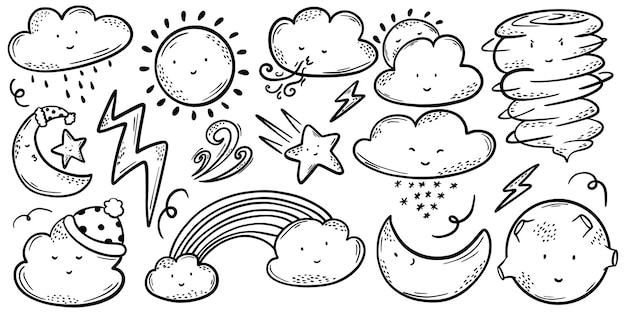 Conjunto de iconos planos de emoticonos meteorológicos Lluvia de arco iris de dibujos animados y nubes de nieve sol luna estrella relámpago viento ilustración vectorial aislada Meteorología y concepto de cielo