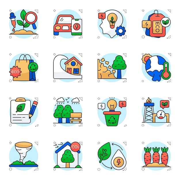 Conjunto de iconos planos de entorno verde