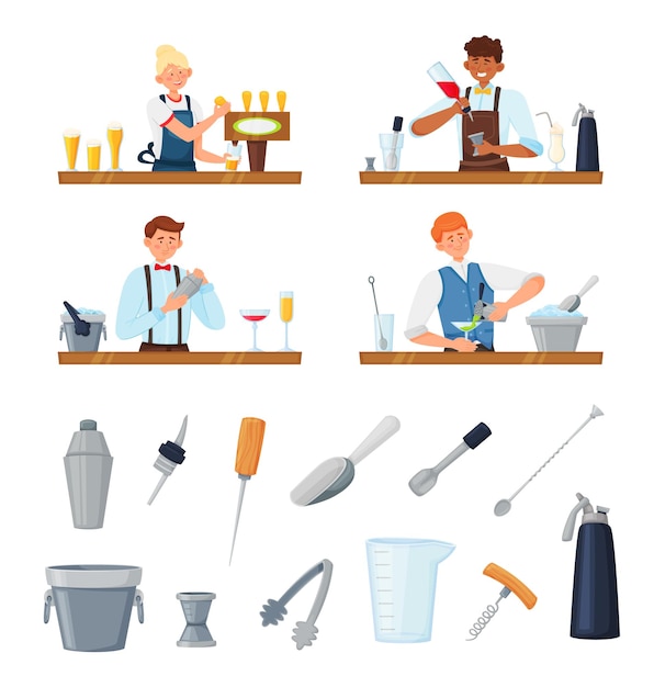 Conjunto de iconos planos de equipo de camarero barman aislado con imágenes de cubos de palas y soportes de barra ilustración vectorial