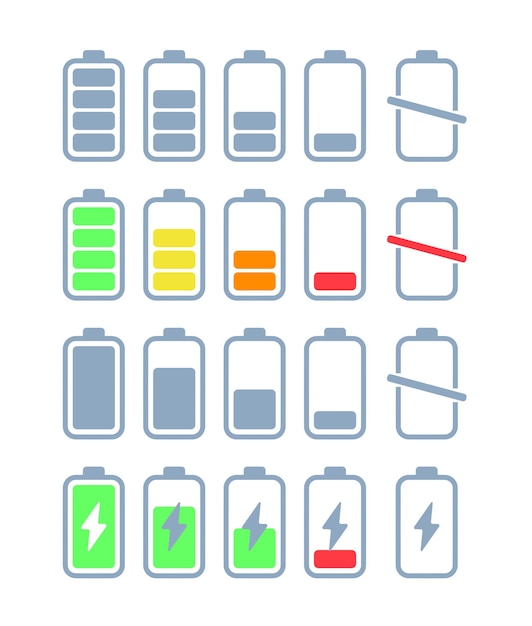 Conjunto de iconos planos de estado de carga de batería de teléfono vectorial