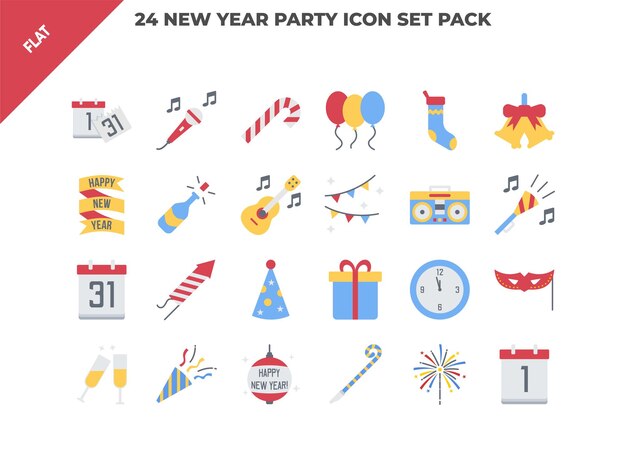 Conjunto de íconos planos de la fiesta de Año Nuevo Ilustración vectorial de la fiesta del Año Nuevo