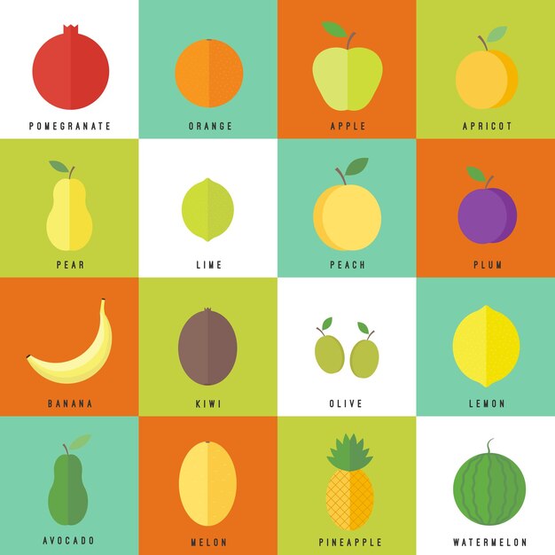 Conjunto de iconos planos de frutas y bayas con texto. Elementos vectoriales para diseño web y aplicaciones móviles.