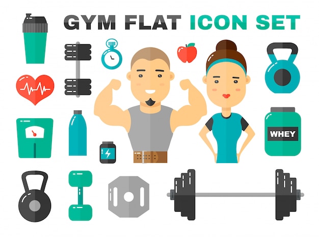 Conjunto de iconos planos de gimnasio. carácter de coache de fitness deportivo masculino y femenino