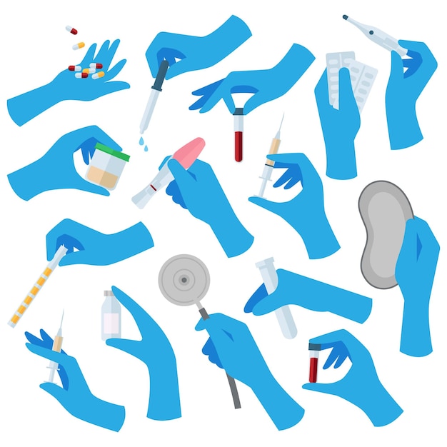 Vector conjunto de iconos planos de guantes médicos equipo de protección personal médico guantes de médicos pinchazo tubo de ensayo espejo termómetro pastillas color ilustraciones aisladas