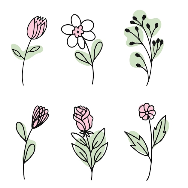 Un conjunto de iconos planos con la imagen de las flores de primavera resaltadas en un fondo blanco