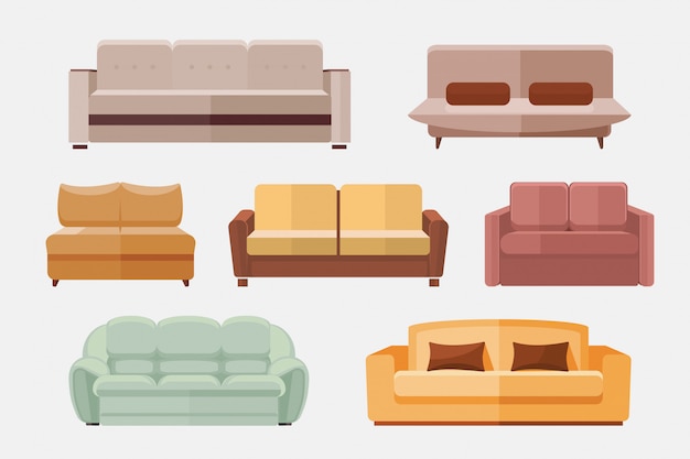 Vector conjunto de iconos planos de muebles sofá y sofás