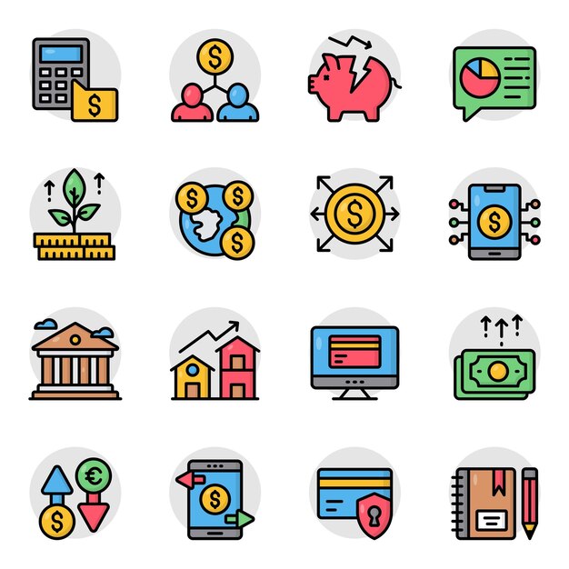 Conjunto de íconos planos de negocios y finanzas