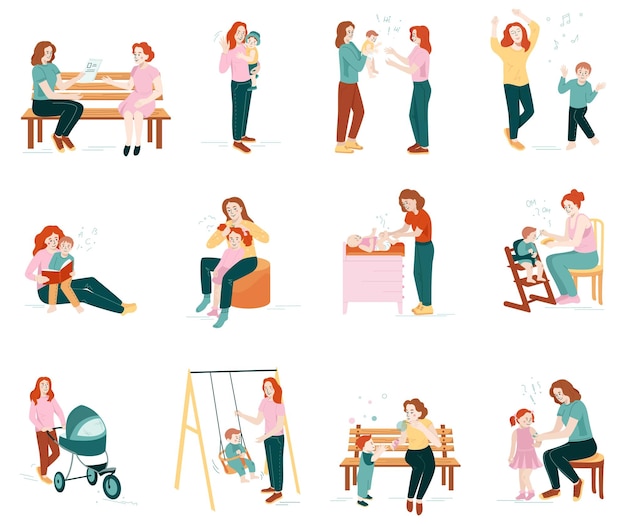 Conjunto de iconos planos de niñera de personajes humanos aislados con niñeras y bebés de diferentes edades ilustración vectorial