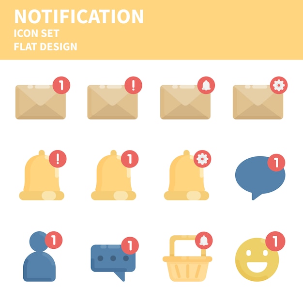 Conjunto de iconos planos de notificación.