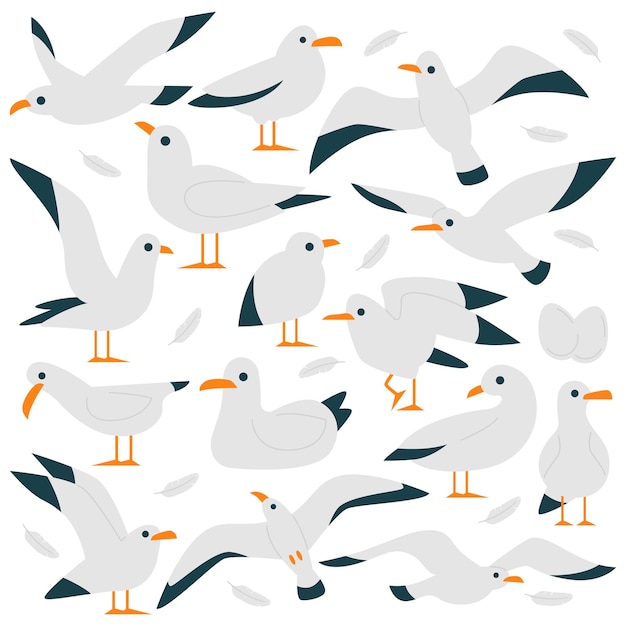 Conjunto de iconos planos de pájaros Gaviota Pájaros salvajes de dibujos animados lindos con patas cortas alas largas y plumas blancas y grises Dejando cerca del mar Aves marinas Color ilustraciones aisladas