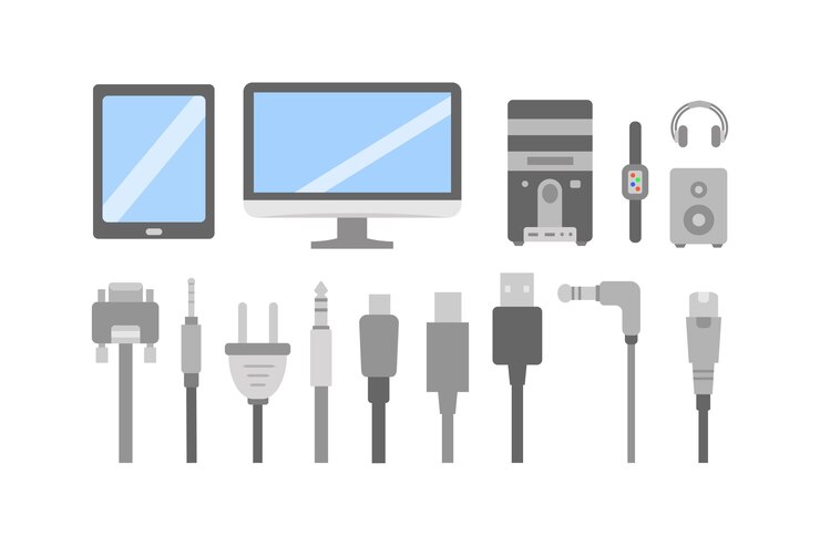 Vector conjunto de iconos planos de pc. cable de alambre de computadora y colección de enchufe de electricidad.