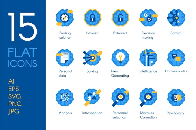 Conjunto de iconos planos de pensamiento humano de actividad cerebral