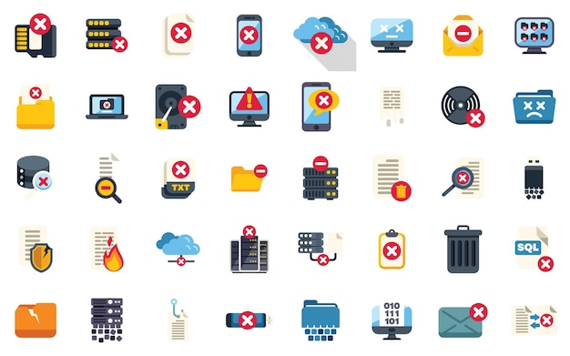 Conjunto de iconos planos de pérdida de datos y virus informáticos que muestran dispositivos que están siendo hackeados