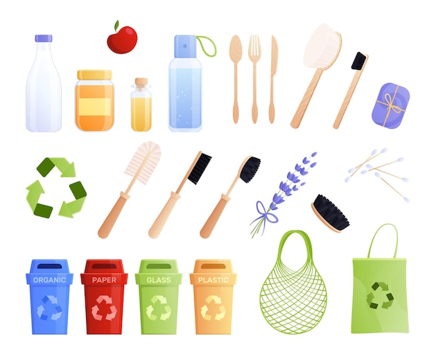Vector conjunto de iconos planos de productos ecológicos aislados con diferentes equipos de reciclaje para cubiertos de botellas de basura y productos para el baño y la ilustración de vectores corporales