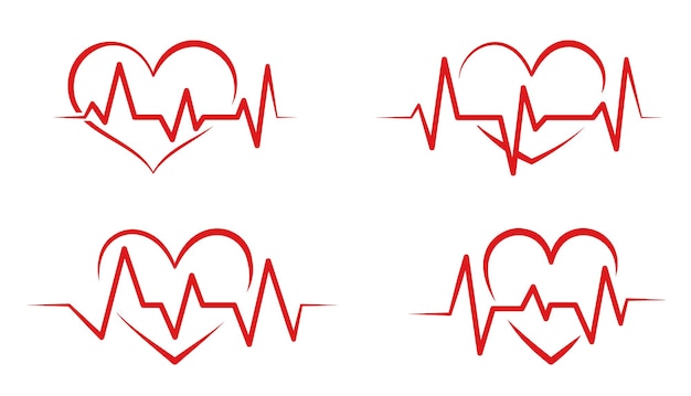 Conjunto de iconos planos de pulso rojo del corazón Signo aislado del cardiograma de la vida del latido Símbolo médico de atención de la salud Pictograma del cardiógrafo de frecuencia Atención hospitalaria de frecuencia cardíaca Electrocardiograma gráfico de ritmo