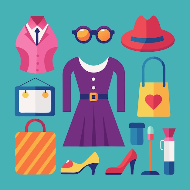 Un conjunto de iconos planos que representan varios artículos de moda, incluidos un vestido blazer, gafas de sol, un sombrero, bolsos, zapatos y accesorios