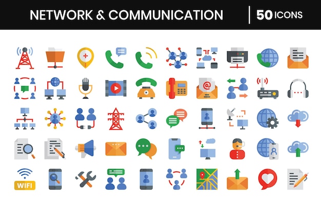 Conjunto de iconos planos de red y comunicación