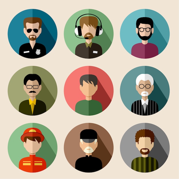 Conjunto de iconos planos redondos con hombres.