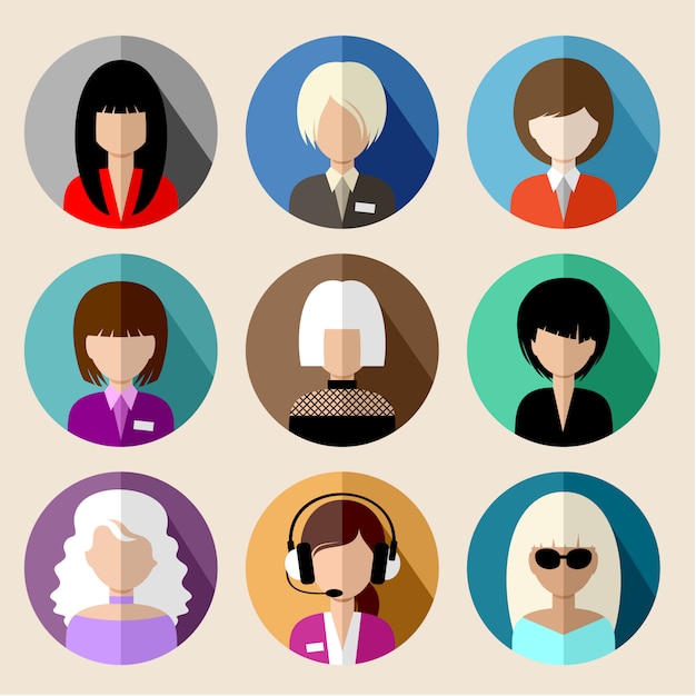 Conjunto de iconos planos redondos con mujeres.