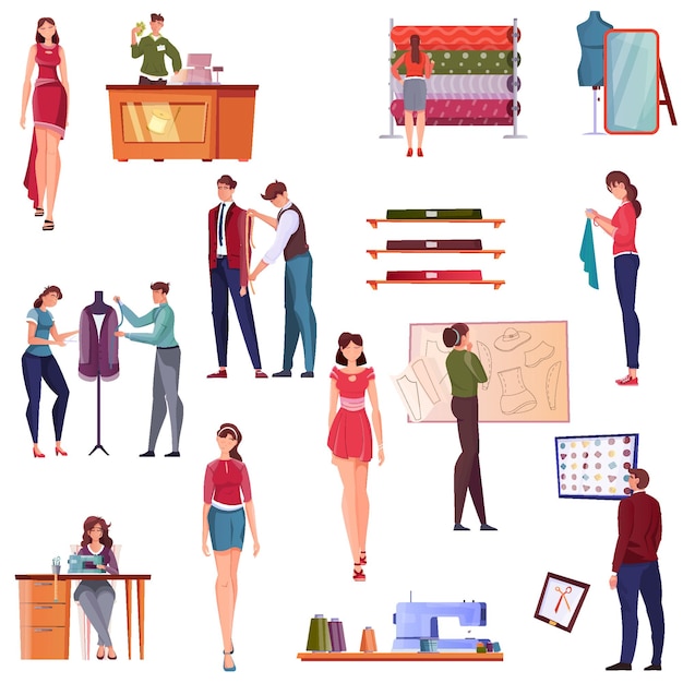 Conjunto de iconos planos de sastrería de personas involucradas en el modelado de ropa moderna, trabajo manual y desfile de moda, ilustración vectorial aislada