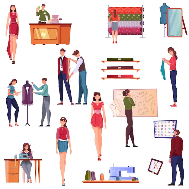 Vector conjunto de iconos planos de sastrería de personas involucradas en el modelado de ropa moderna, trabajo manual y desfile de moda, ilustración vectorial aislada