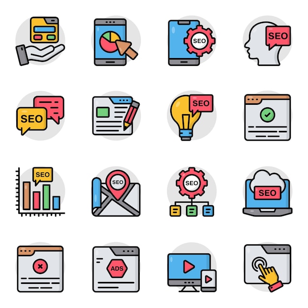 Conjunto de íconos planos de SEO y sitio web