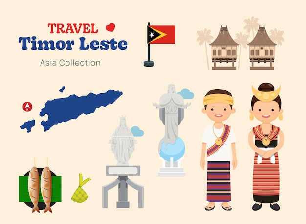 Conjunto de iconos planos de Timor Leste de viaje Mapa de iconos de elementos de Timor Leste y colección de símbolos y objetos de puntos de referencia Ilustración vectorial