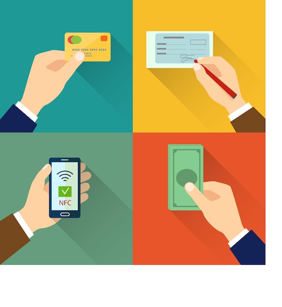 Conjunto de iconos planos de tipos de pago Ilustración de estilo plano de vector