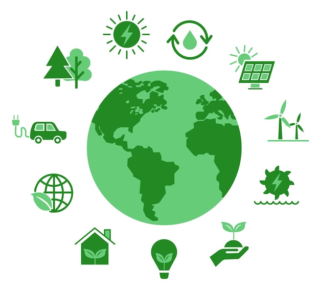 Conjunto de iconos planos verdes relacionados con energías renovables Fuentes de energía Iconos vectoriales