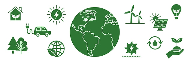 Conjunto de iconos planos verdes relacionados con energías renovables Fuentes de energía Iconos vectoriales