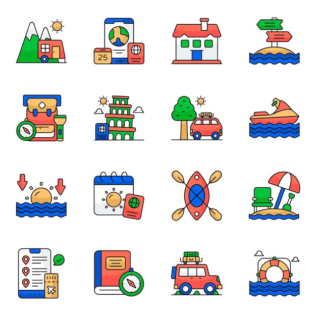 Conjunto de íconos planos de viajes y viajes