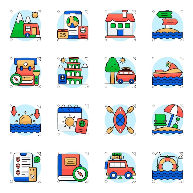 Conjunto de íconos planos de viajes y viajes
