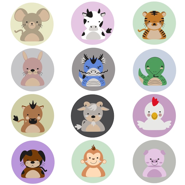 Vector conjunto de iconos planos de zodiaco chino