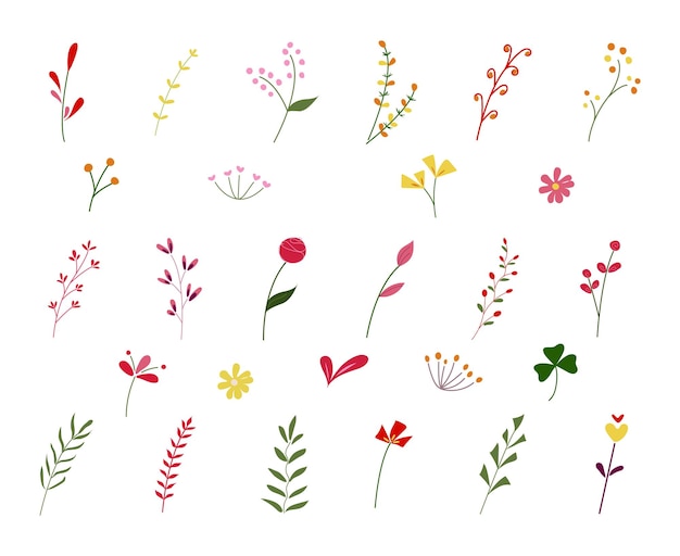Un conjunto de iconos de plantas coloridas con varios tipos de plantas y flores en un estilo plano simple