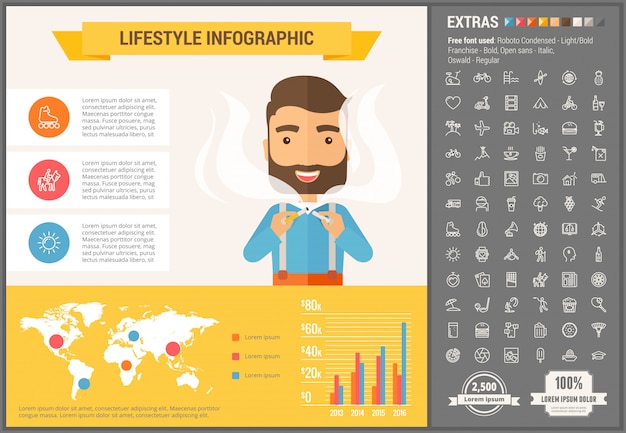 Conjunto de iconos y plantilla de estilo de vida diseño plano infografía