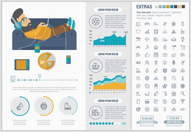 Vector conjunto de iconos y plantilla de estilo de vida diseño plano infografía