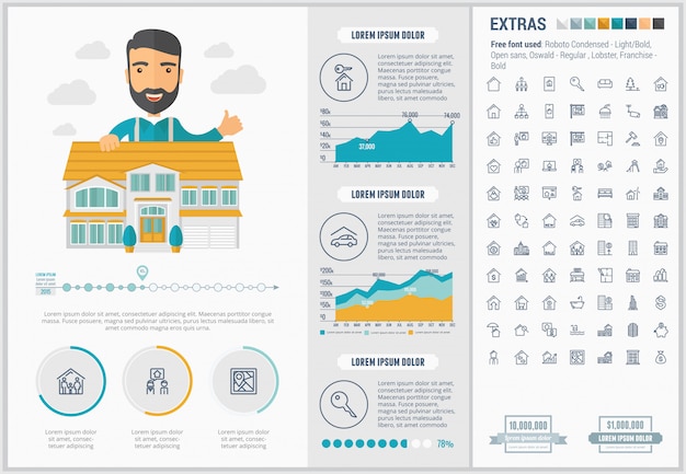 Conjunto de iconos y plantilla de infografía diseño plano inmobiliario