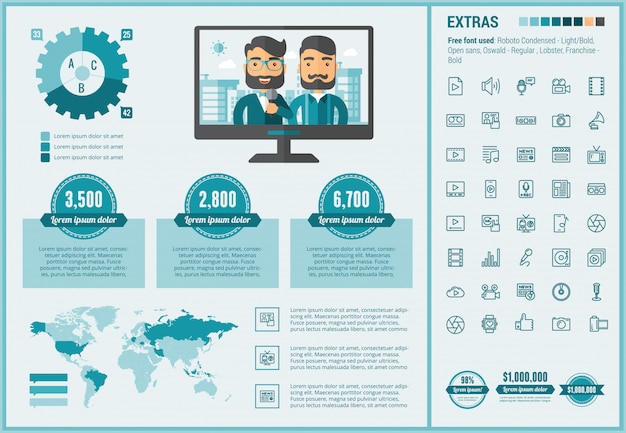 Conjunto de iconos y plantilla de infografía diseño plano medios