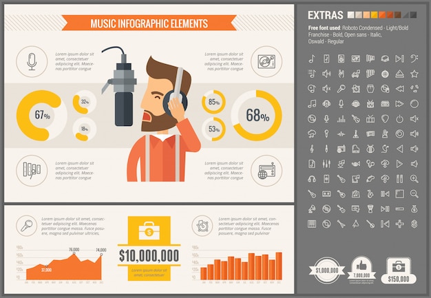 Conjunto de iconos y plantilla de infografía diseño plano de música