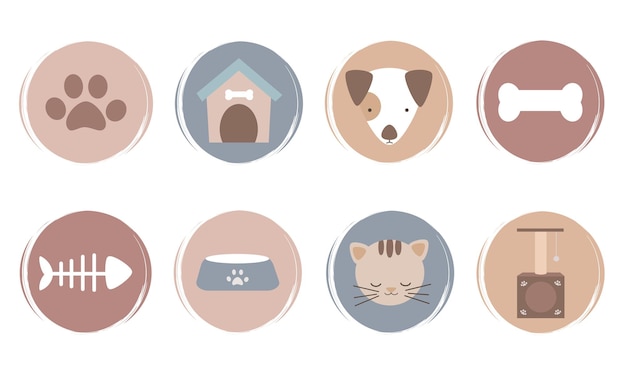 Vector conjunto de iconos de plantillas de diseño de logotipos para portadas destacadas de redes sociales con lindos muebles para mascotas