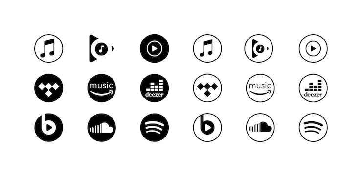 Conjunto de iconos de plataformas de música populares Iconos aislados editoriales de las principales redes sociales para la música Todos los servicios de música populares logotipos negros Iconos vectoriales