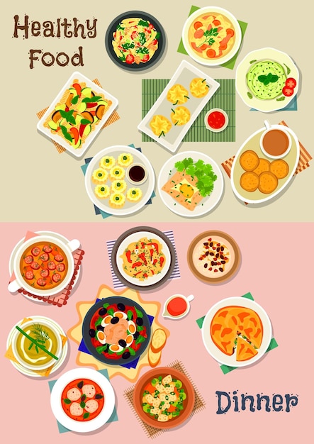 Conjunto de iconos de platos de comida saludable para el diseño del tema de la comida