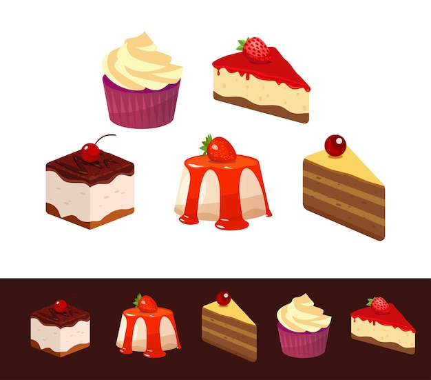 Conjunto de iconos platos de postre ilustración vectorial aislado sobre fondo oscuro blanco y negro