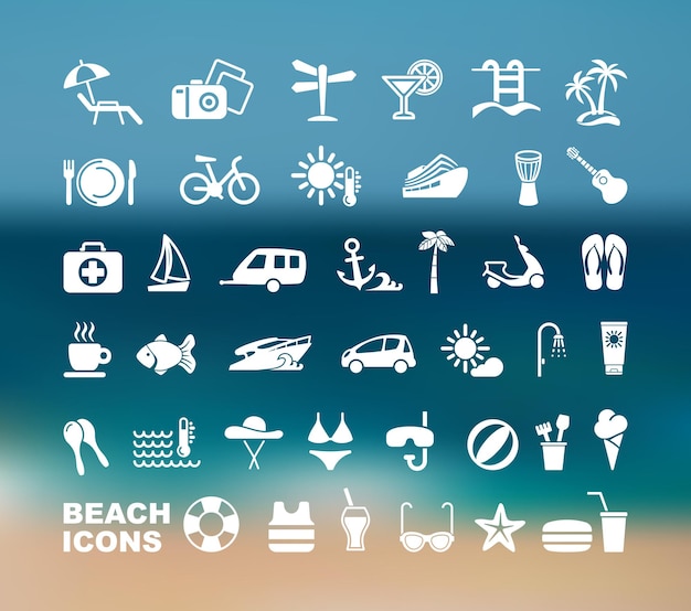 Conjunto de iconos de playa plana ilustración vectorial