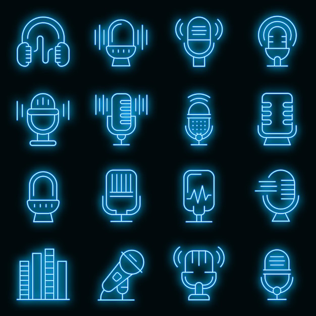 Conjunto de iconos de podcast. Esquema conjunto de iconos de vector de podcast color neón en negro
