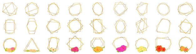 Conjunto de iconos de poliedro dorado Colección de marcos dorados florales con varias formas geométricas