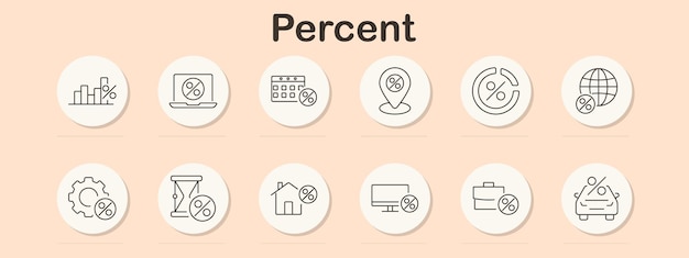 Conjunto de iconos de porcentaje Varios símbolos de porcentaje y elementos relacionados, como gráficos, calculadoras y descuentos para negocios financieros y fines estadísticos