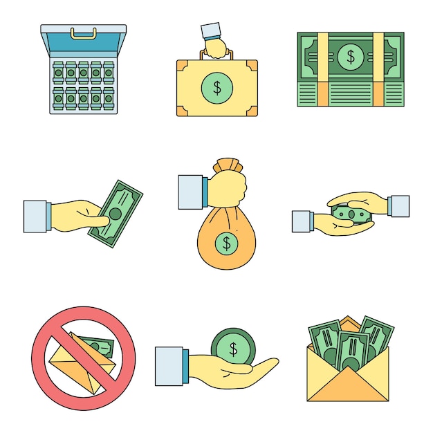 Conjunto de iconos de prácticas corruptas de soborno Conjunto de iconos vectoriales de prácticas corruptas de soborno Color de línea delgada plana sobre blanco